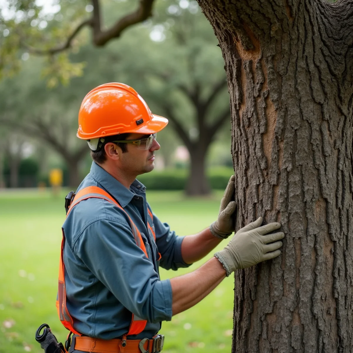 Arborist inspecting mature live oak canopy health and branch attachment in San Antonio