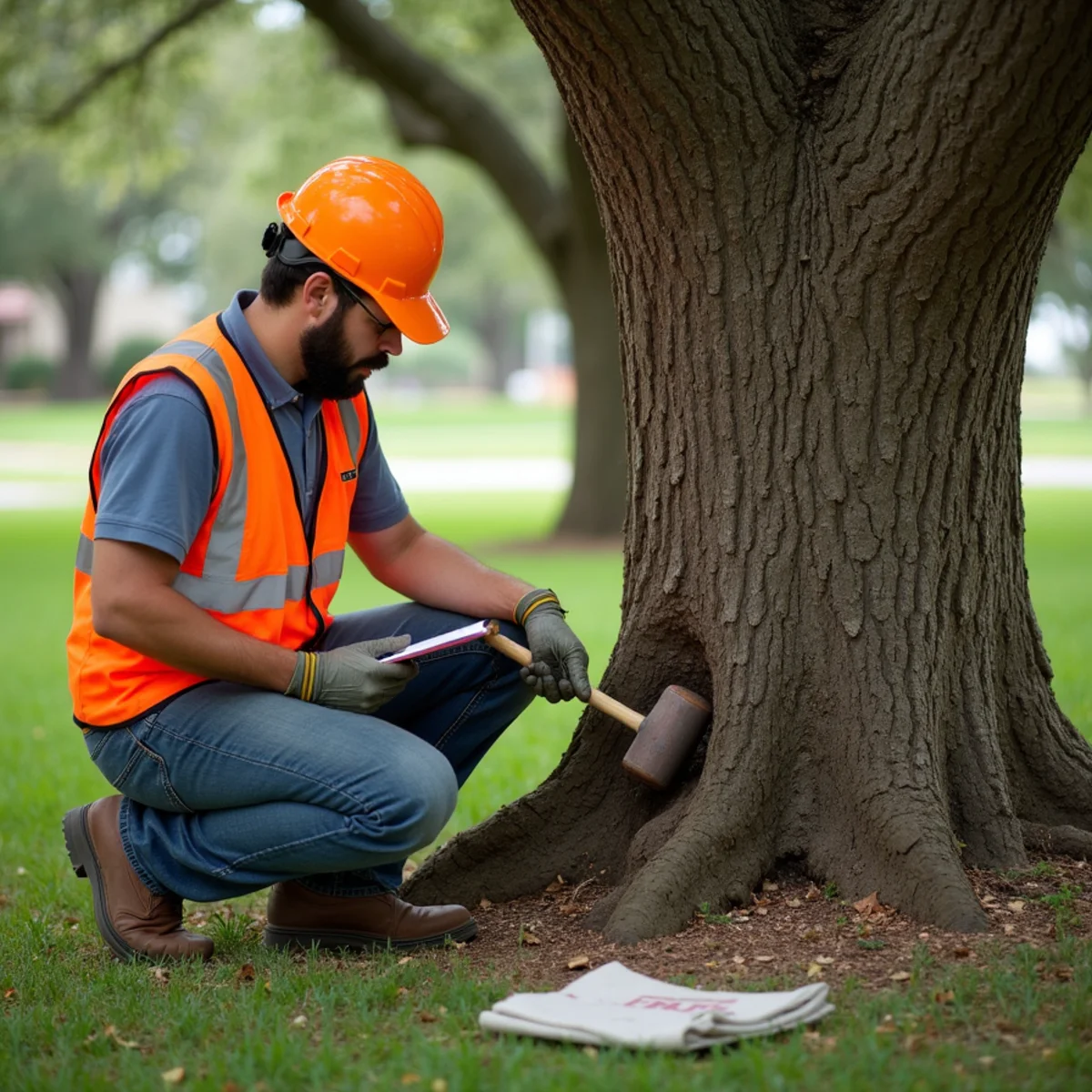 Certified arborist assessing tree health for Ball Moss Removal in San Antonio