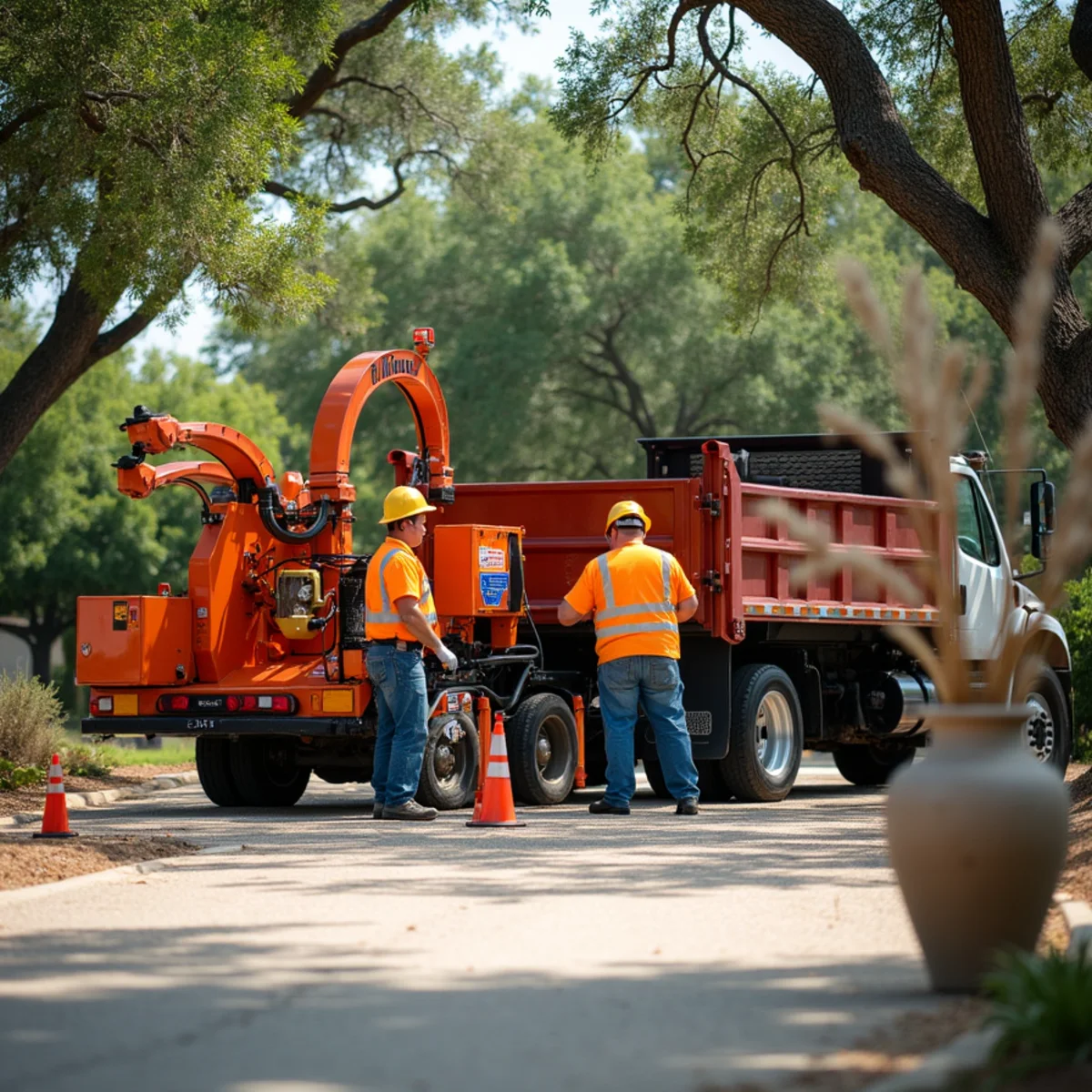 Heavy duty chipper and crane equipment during Ball Moss Removal