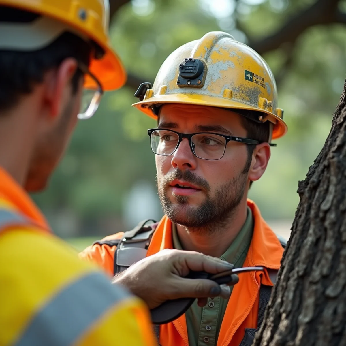 Arborist evaluating tree condition for Best Shade Trees for San Antonio's Caliche and Clay Soils