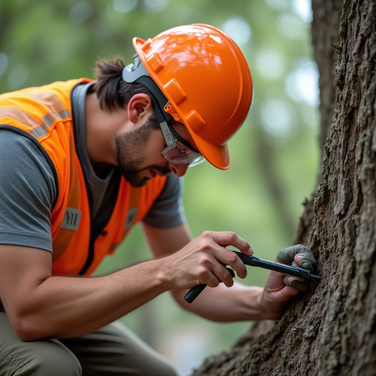 Arborist evaluating tree condition for Tree Maintenance Plans for HOAs and Property Managers in Bexar County