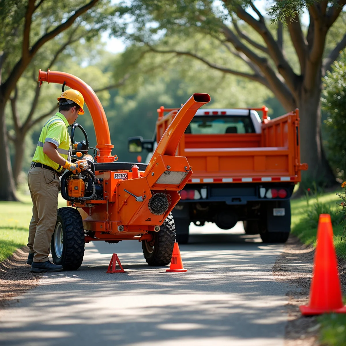Heavy duty chipper and crane equipment during Commercial & HOA Tree Service