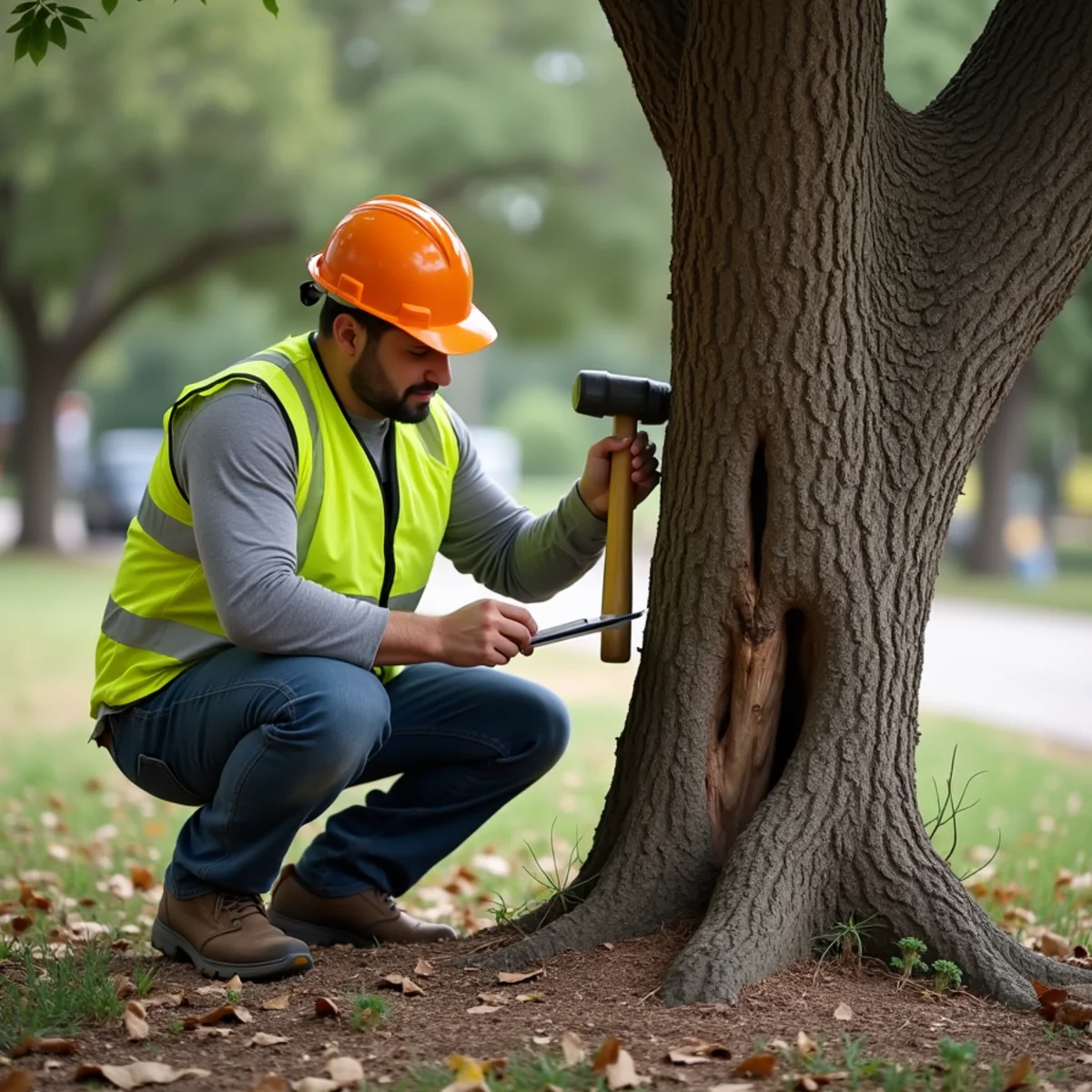 Certified arborist assessing tree health for 24/7 Emergency Tree Service in San Antonio