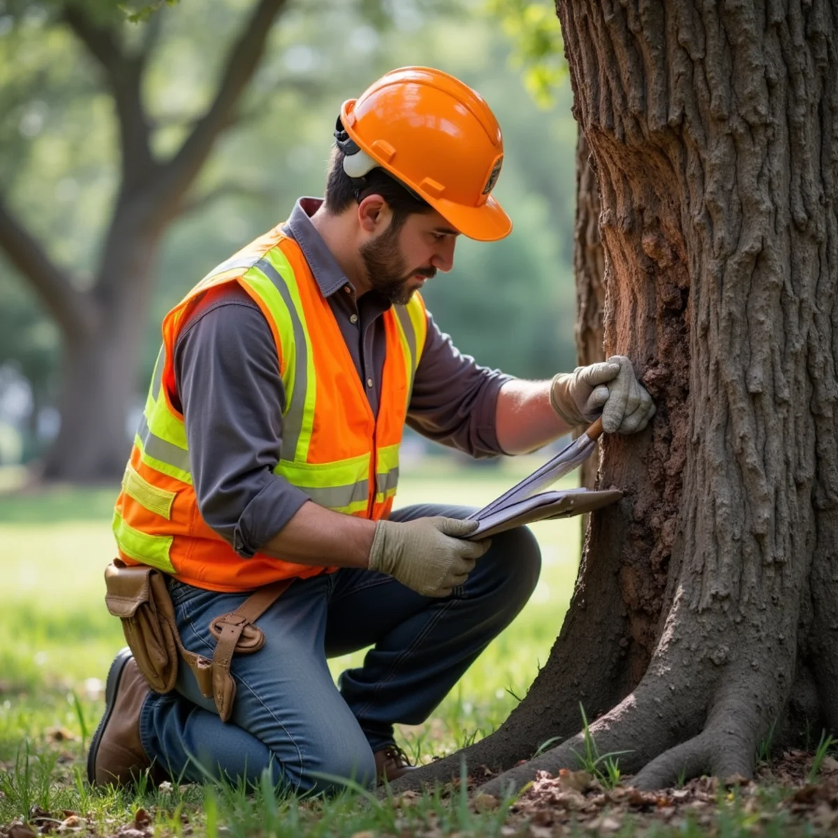 Certified arborist assessing tree health for Fallen Tree & Tree-on-House Removal in San Antonio