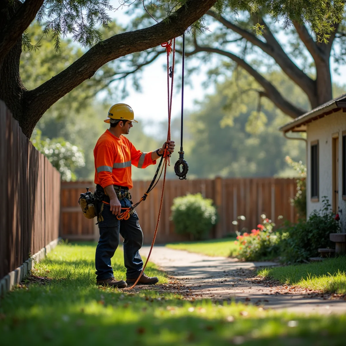 Specialized rope rigging and lowering system for Fallen Tree & Tree-on-House Removal
