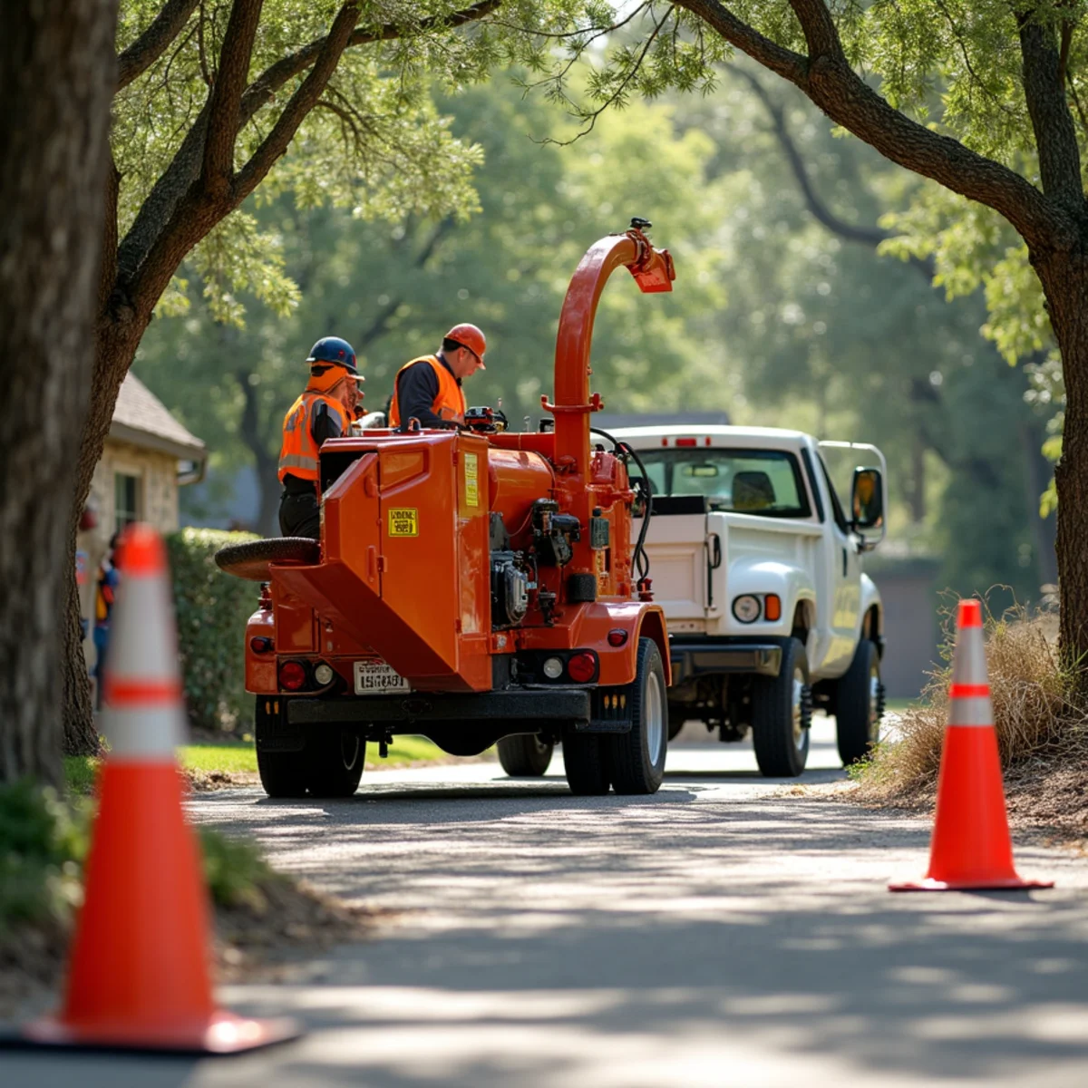 Heavy duty chipper and crane equipment during Fallen Tree & Tree-on-House Removal