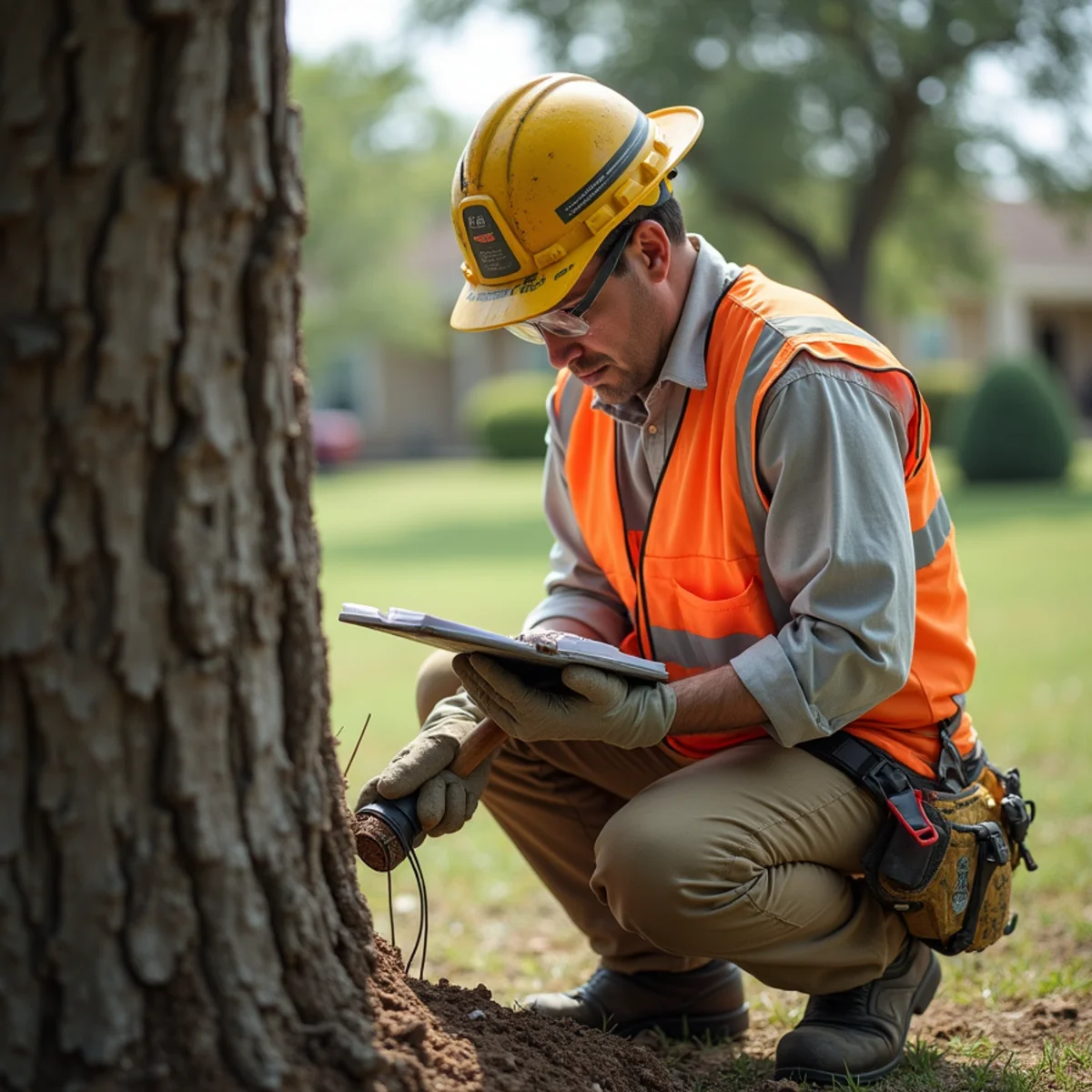 Certified arborist assessing tree health for Hazardous Tree Removal in San Antonio