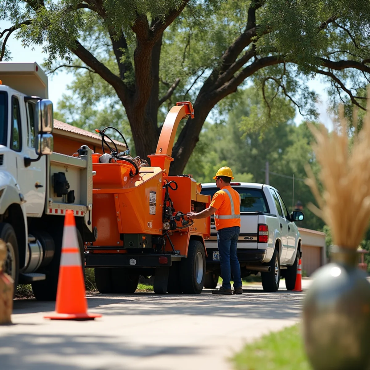 Heavy duty chipper and crane equipment during Hazardous Tree Removal