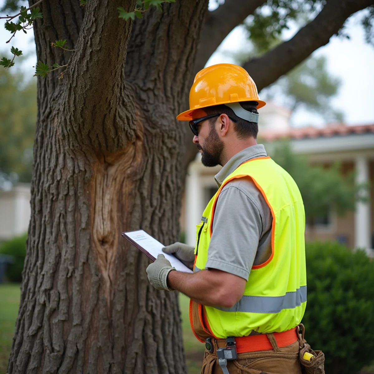 Certified arborist inspecting mature Texas live oak canopy structure and root flare health in San Antonio