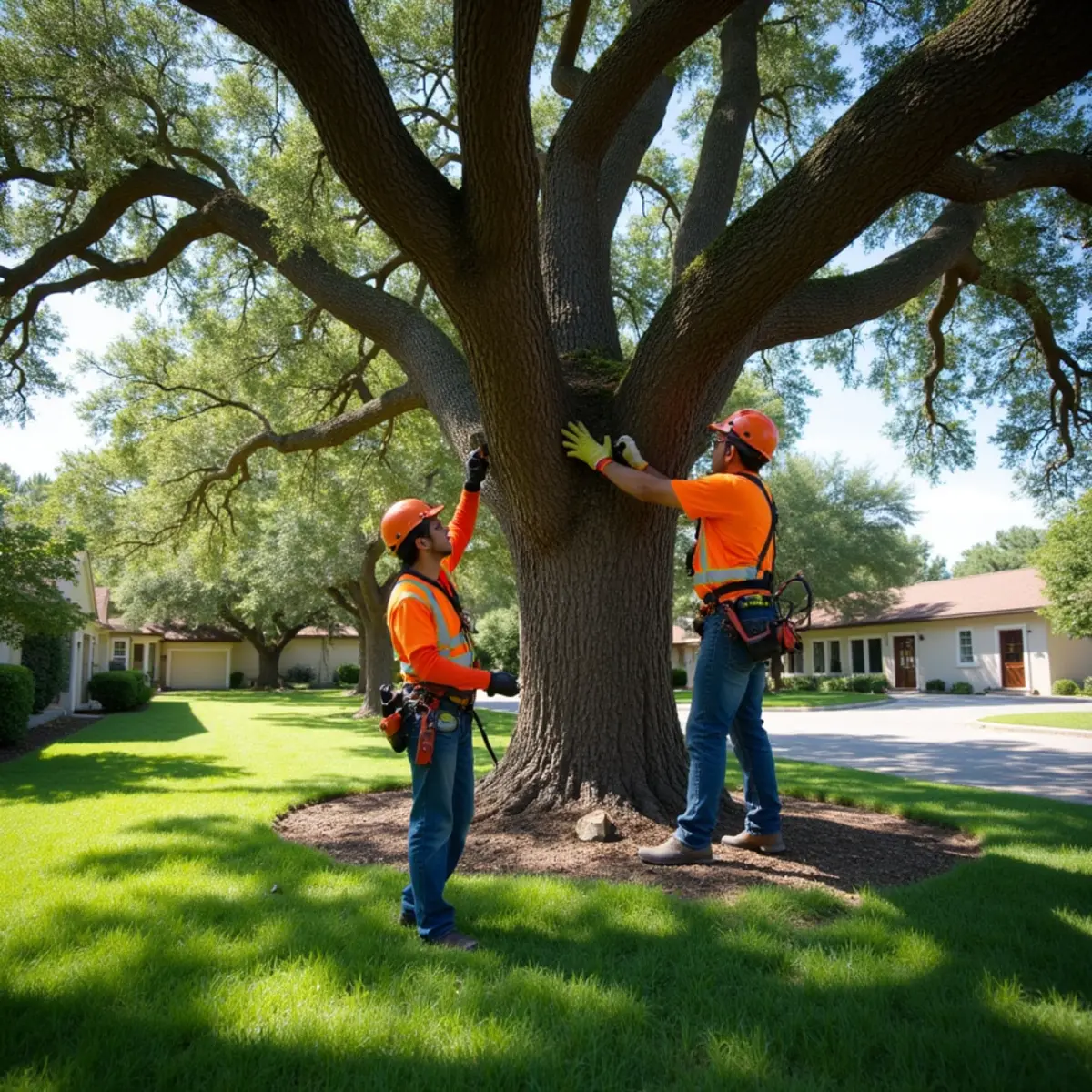 Precision crown thinning and deadwood pruning on sprawling live oak over San Antonio lawn