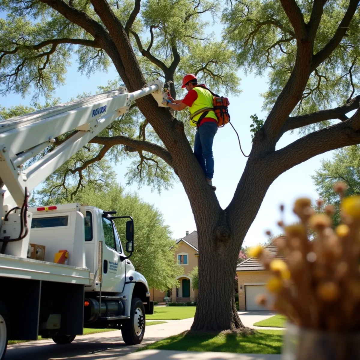 Arborist technician in aerial bucket lift trimming high branches clear of residential roofline