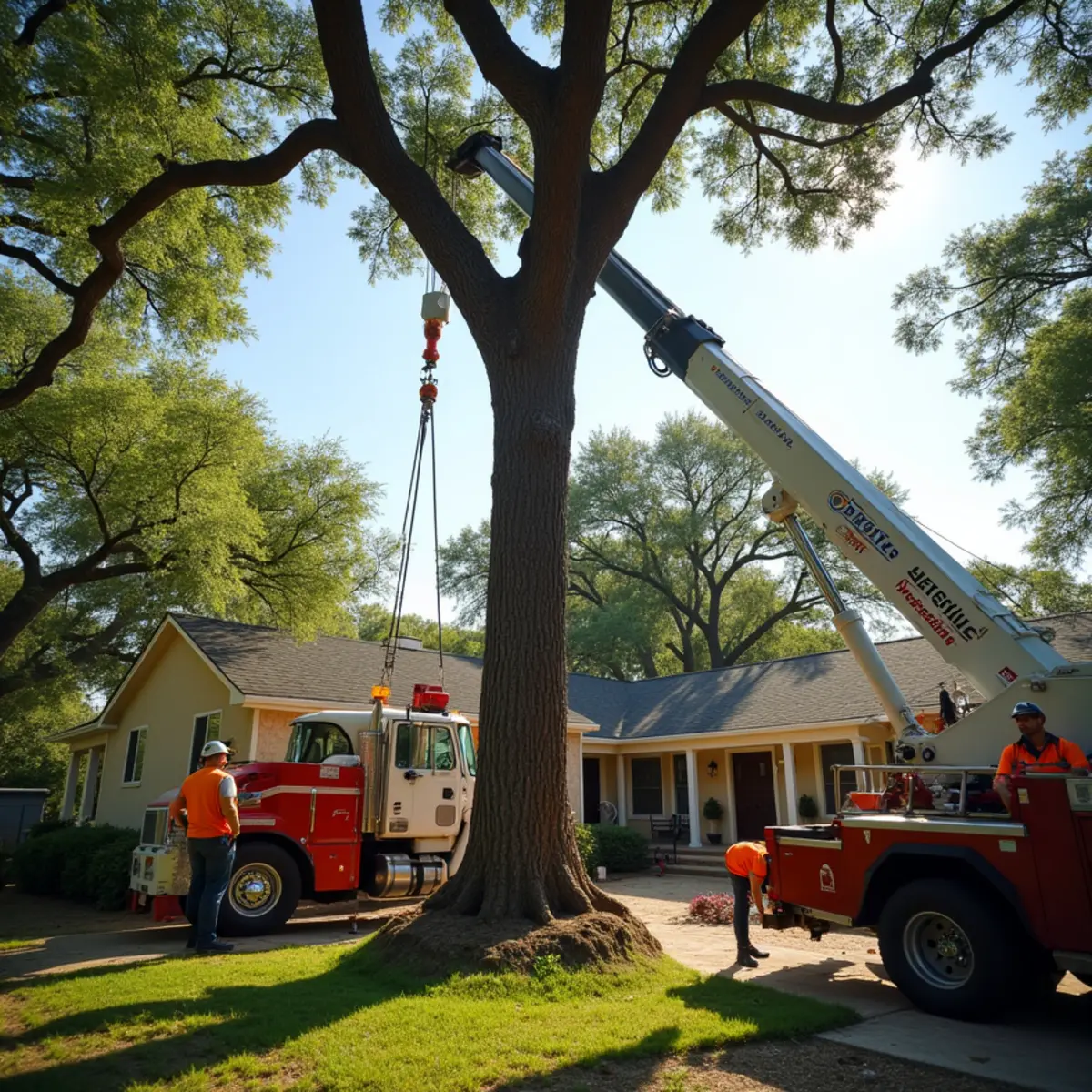 Hydraulic crane lifting heavy hardwood timber section vertically during controlled backyard removal