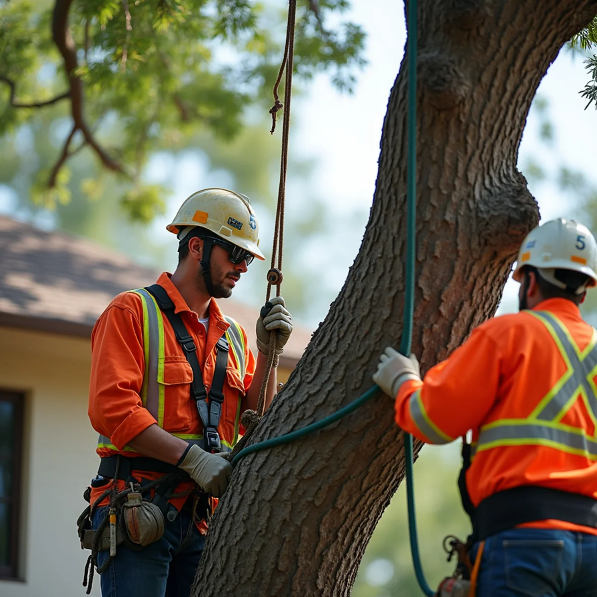 Ground crew operating friction brake lowering heavy severed oak branch under complete control