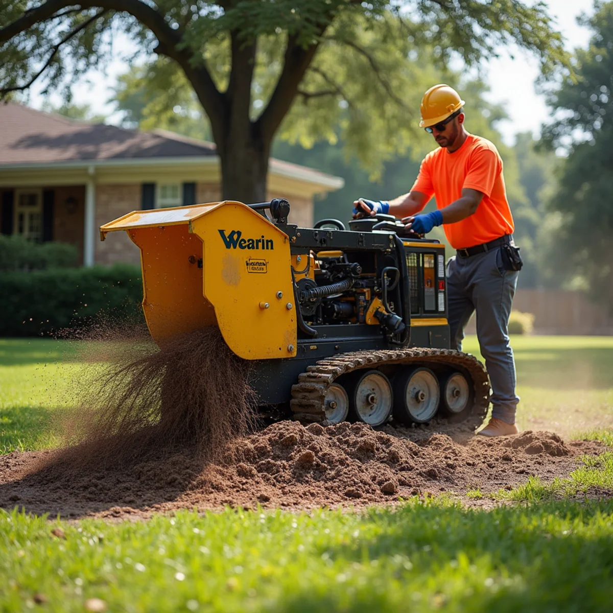 Commercial tracked stump grinder pulverizing large hardwood stump below lawn grade