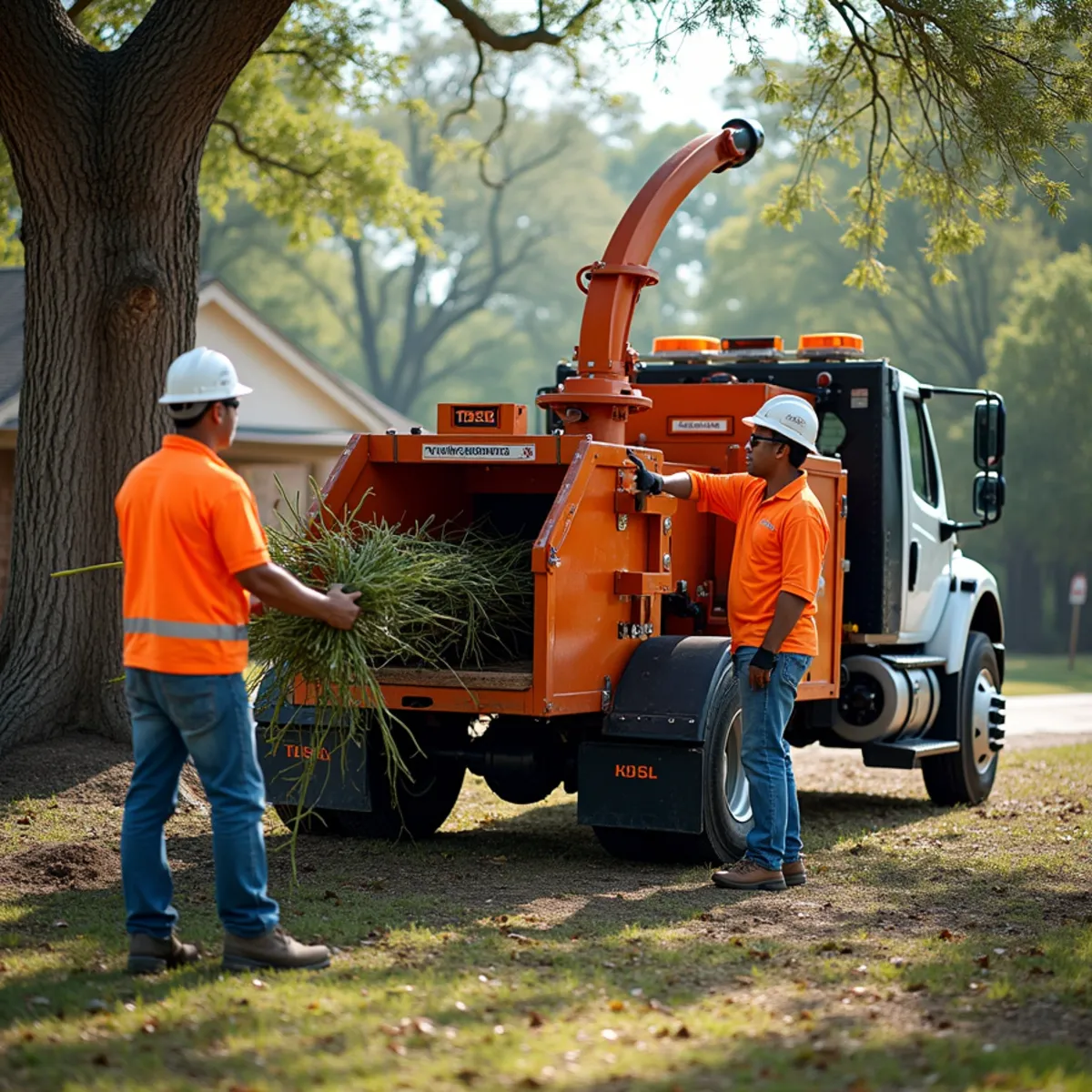 High-capacity brush chipper recycling tree limbs into fresh organic wood mulch on job site