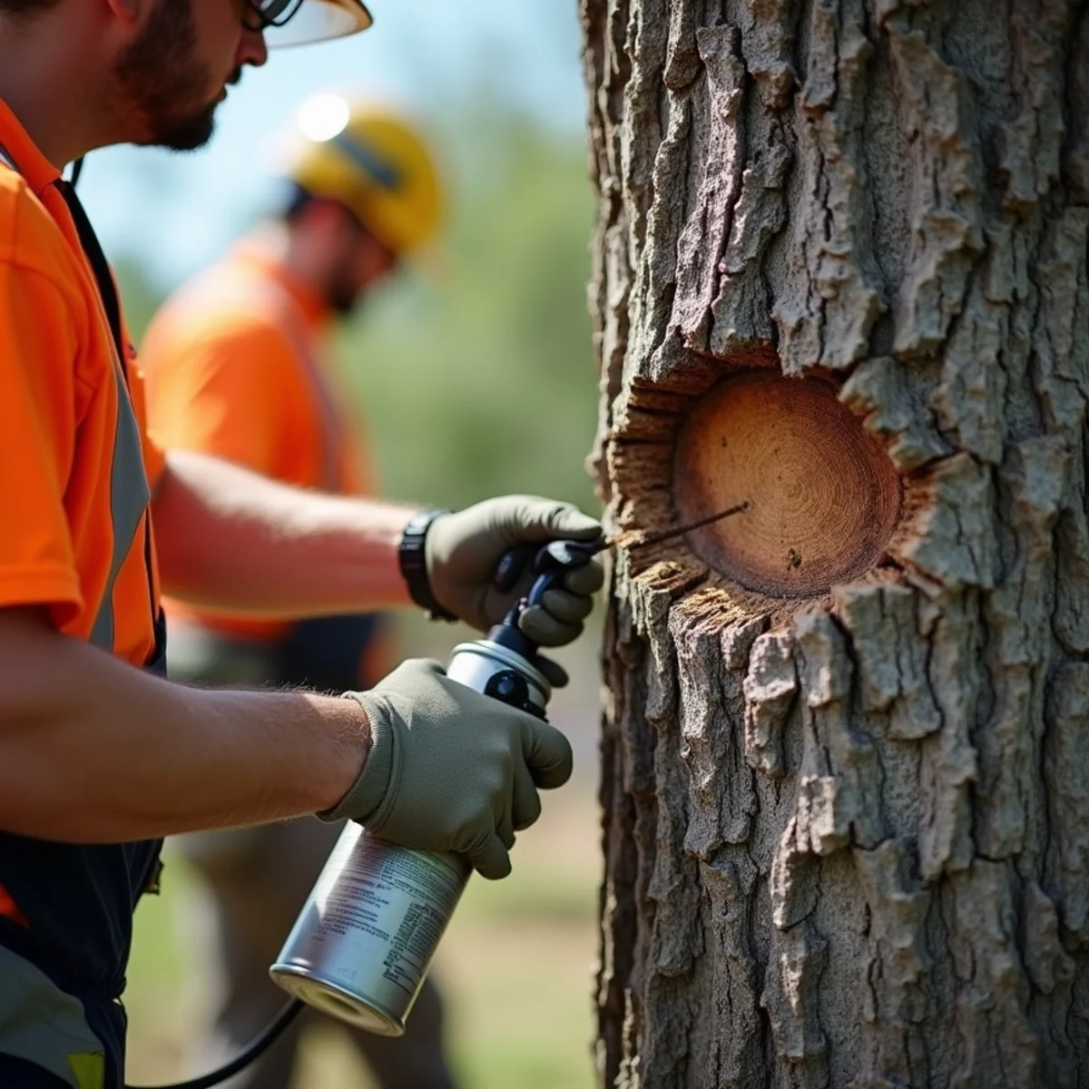 Arborist applying protective black wound sealant paint immediately to fresh pruning cut on live oak