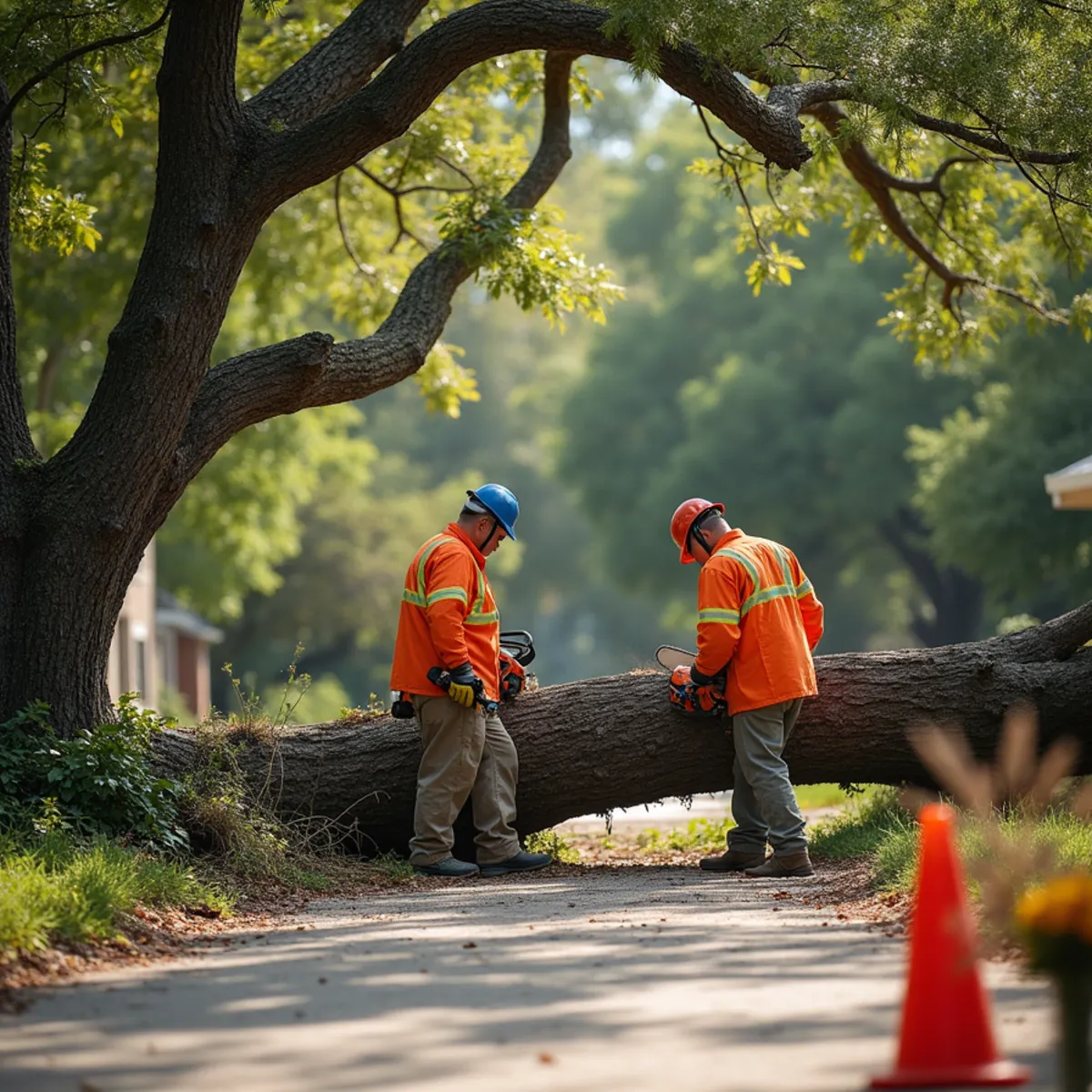 Tree care crew clearing wind-fallen live oak branch blocking residential driveway after storm