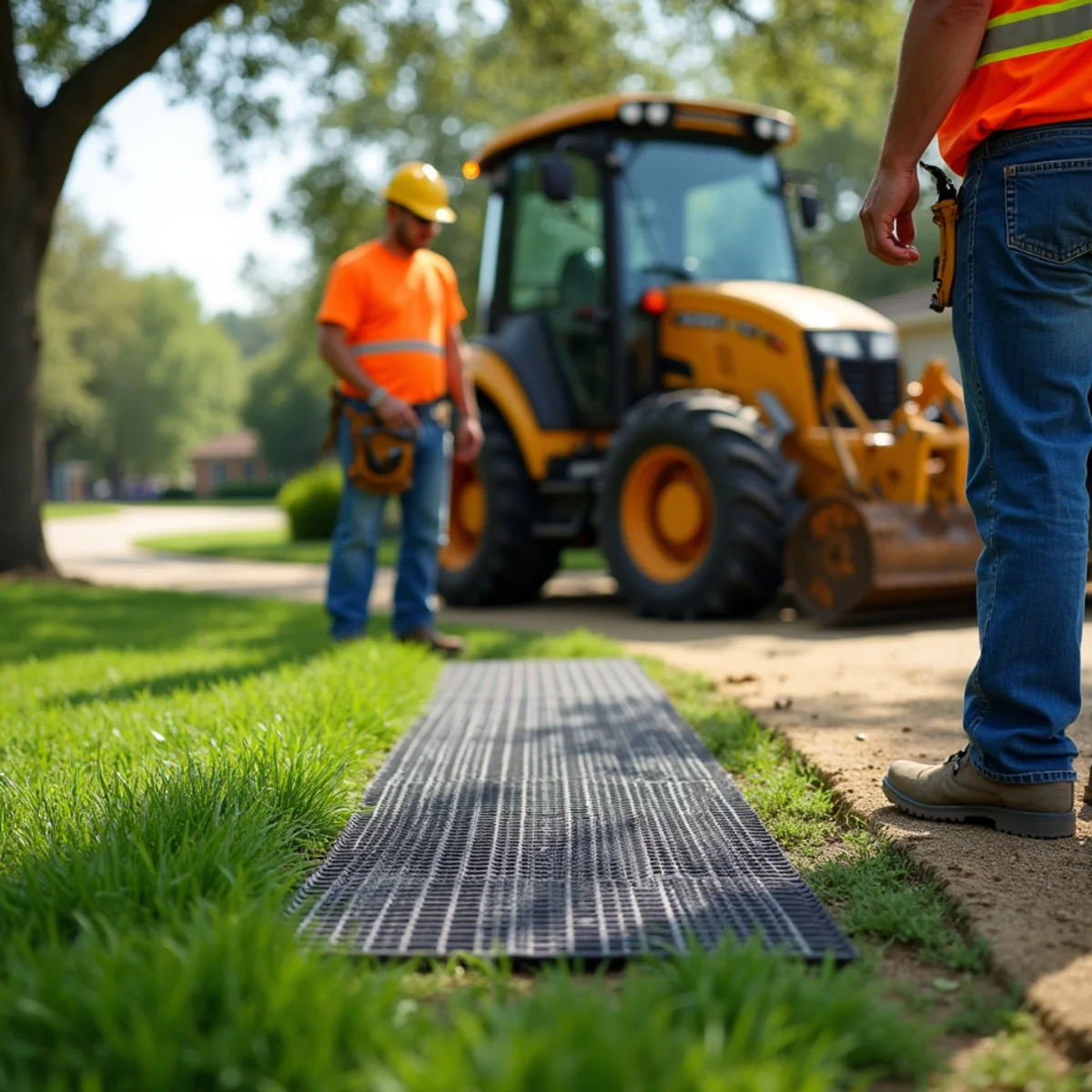 Heavy composite ground protection mats shielding residential lawn grass from equipment tires