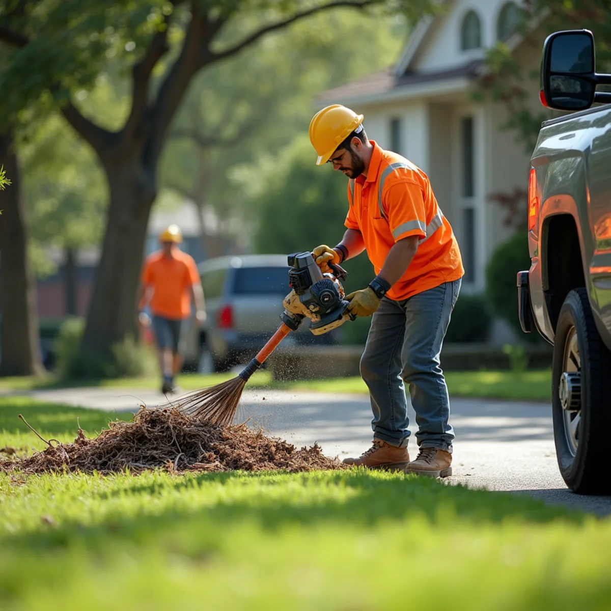 Tree crew performing final lawn rake and high-velocity leaf blower sweep of driveway