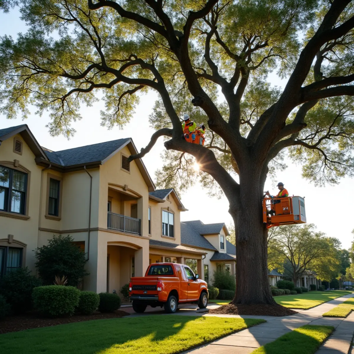 San Antonio tree service arborist crew pruning live oak canopy in Bexar County