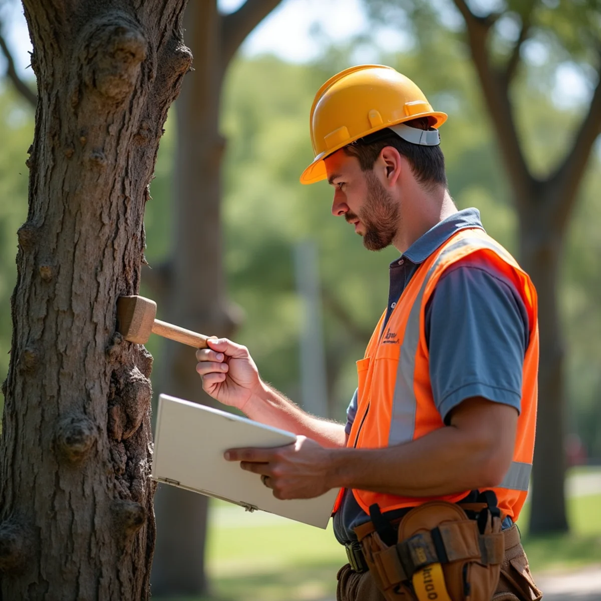 Certified arborist assessing tree health for Palm Tree Trimming & Removal in San Antonio