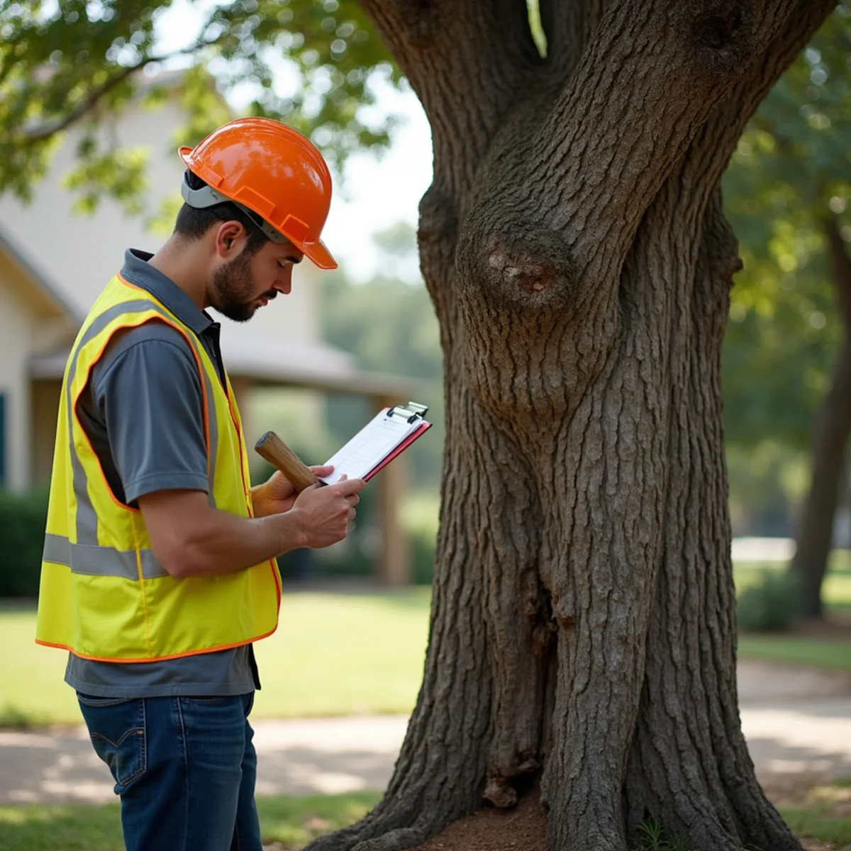 Certified arborist assessing tree health for Overhanging Limb & Roof Clearance in San Antonio