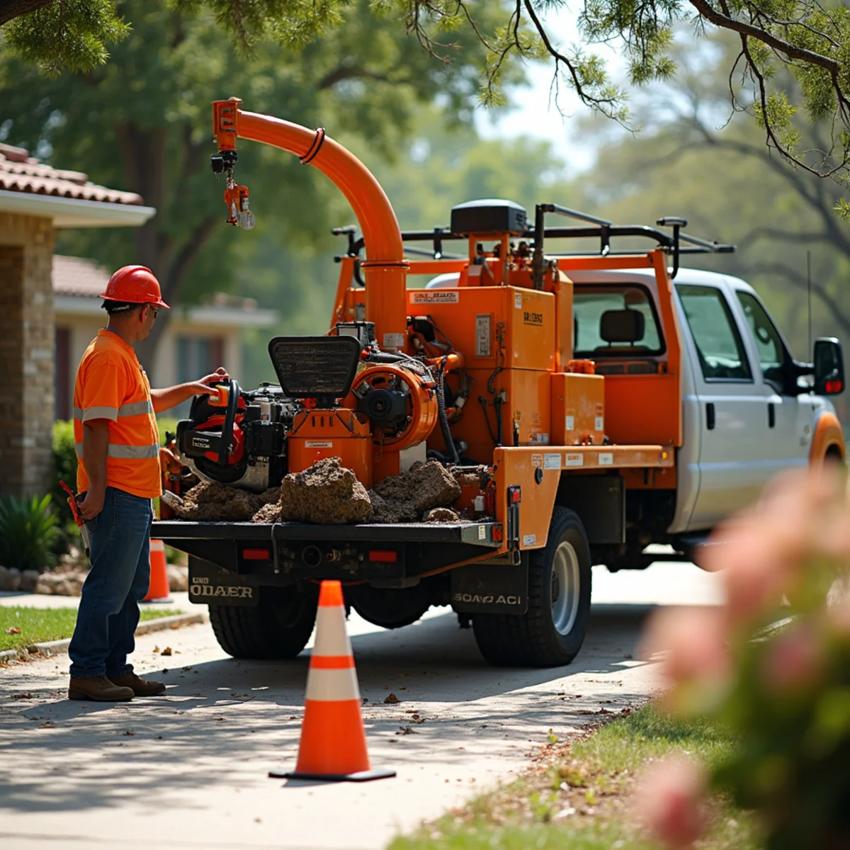 Heavy duty chipper and crane equipment during Overhanging Limb & Roof Clearance