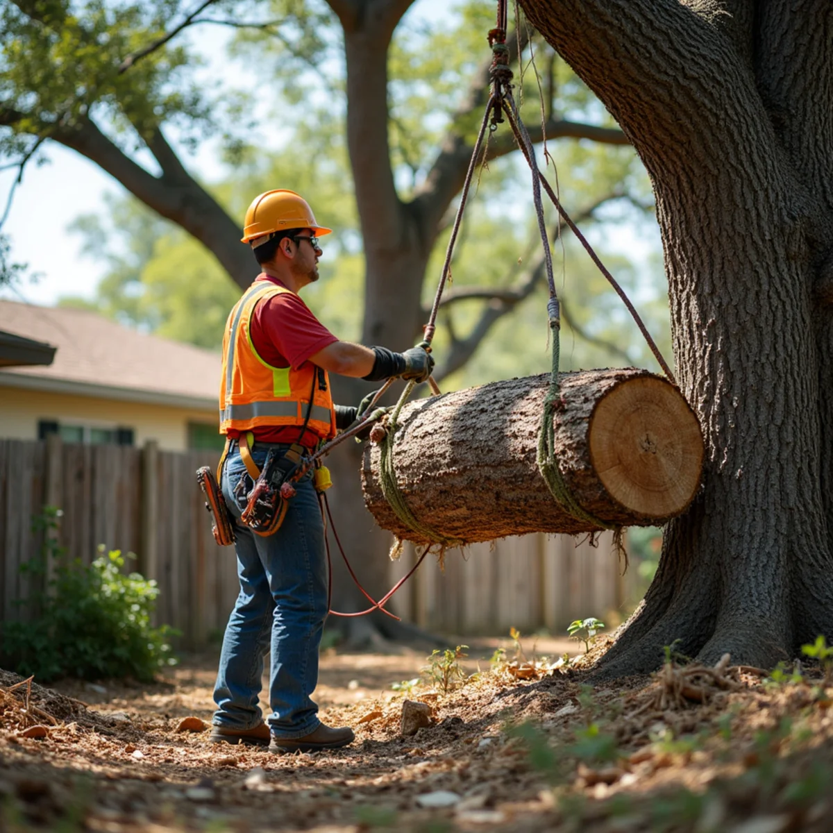 Controlled tree removal near residential home in Floresville