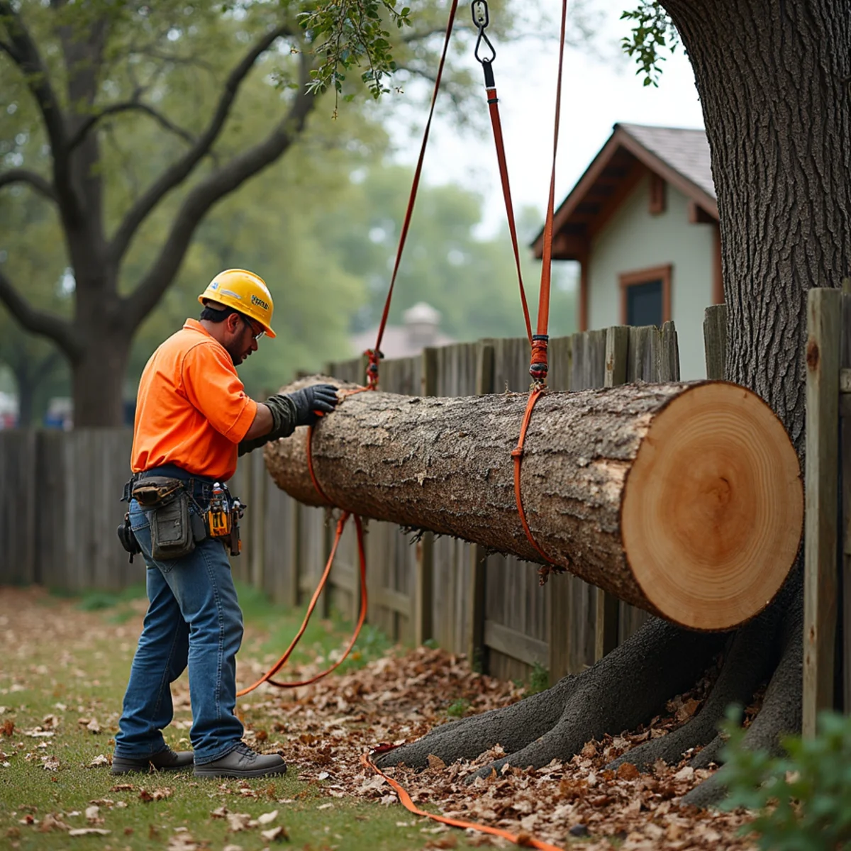 Controlled tree removal near residential home in Leon Valley