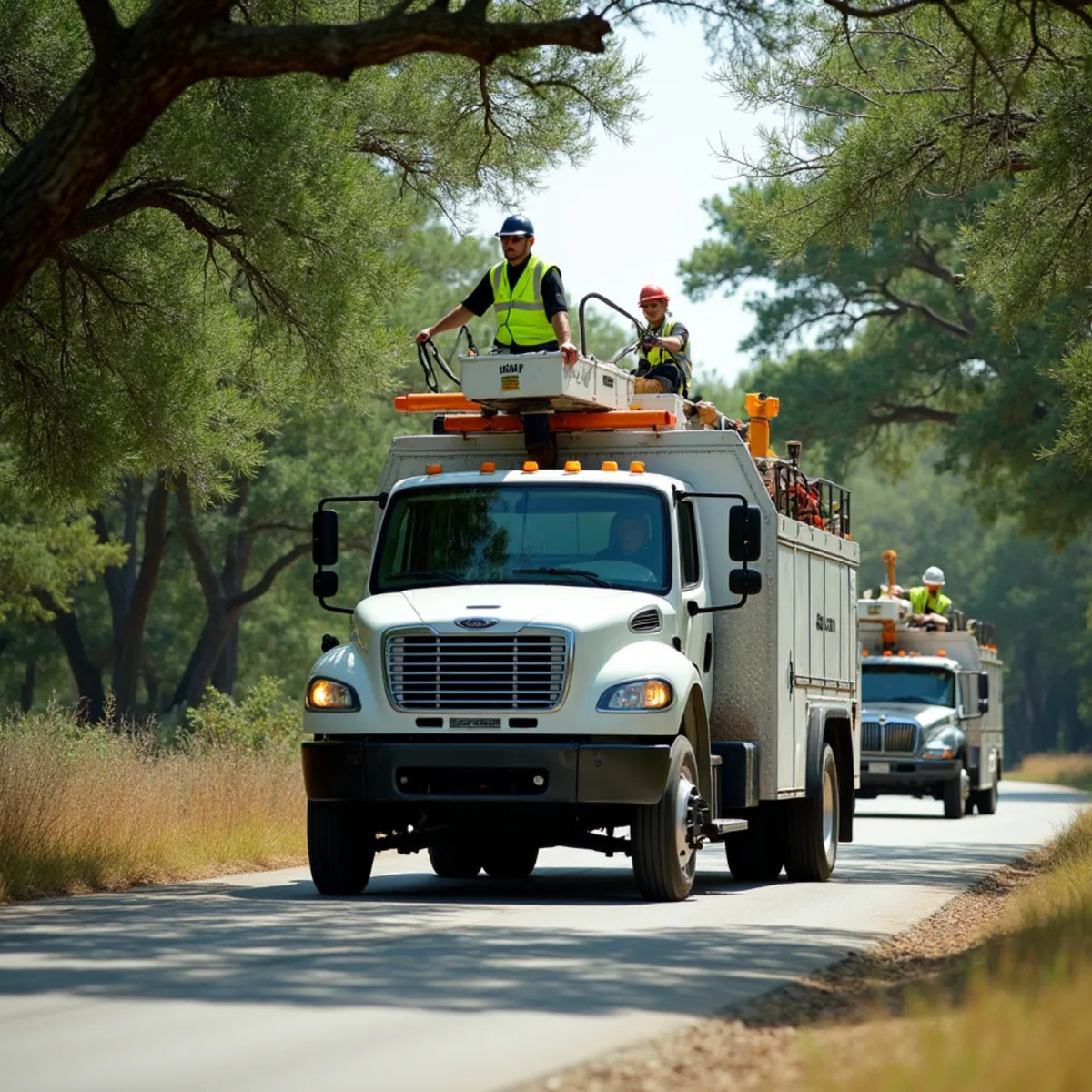 Heavy tree service equipment trailer en route to Texas Hill Country service call