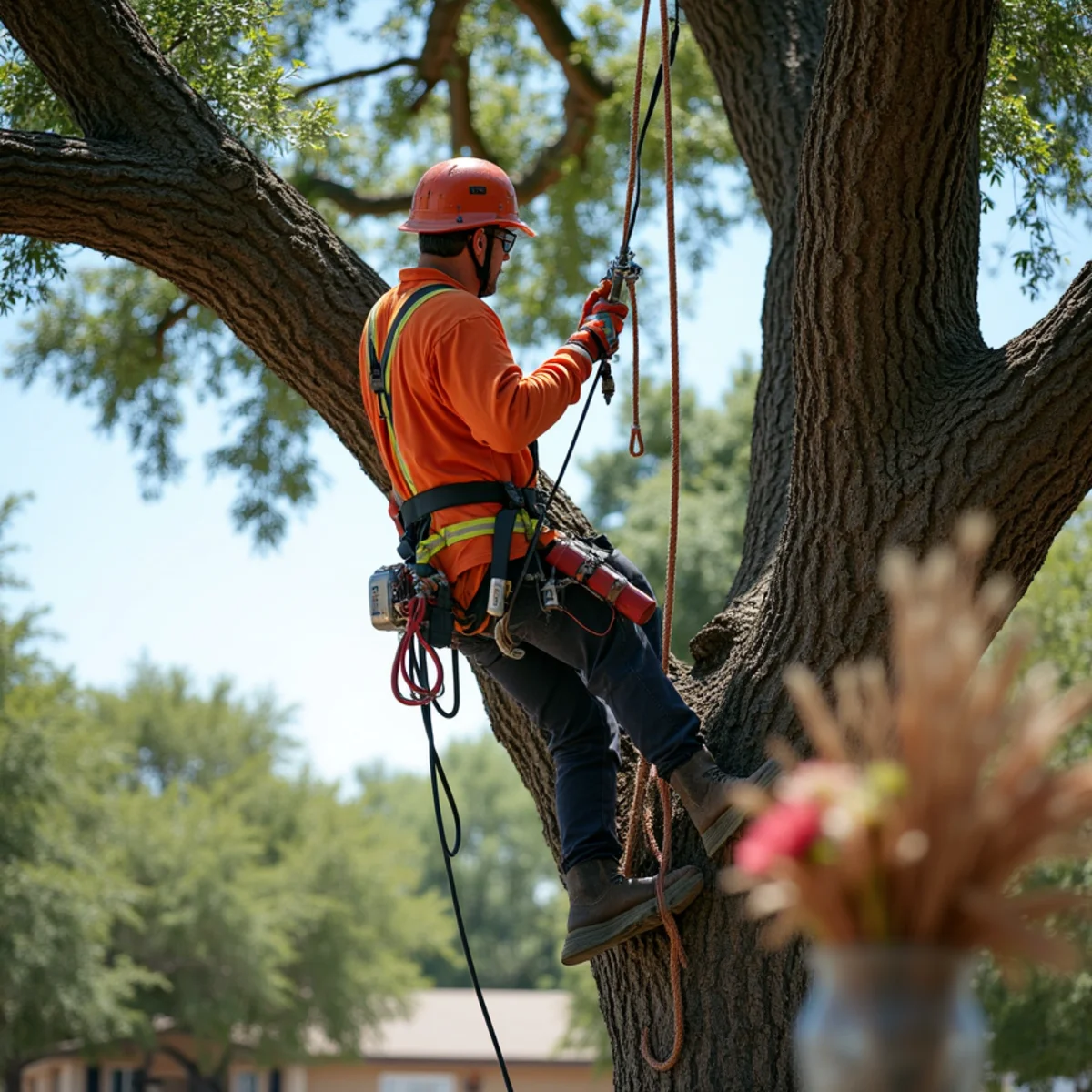 Arborist climber setting precision rigging line in mature Bexar County live oak