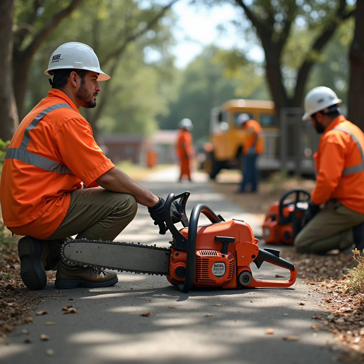Emergency storm tree response team with chainsaws and bucket lift