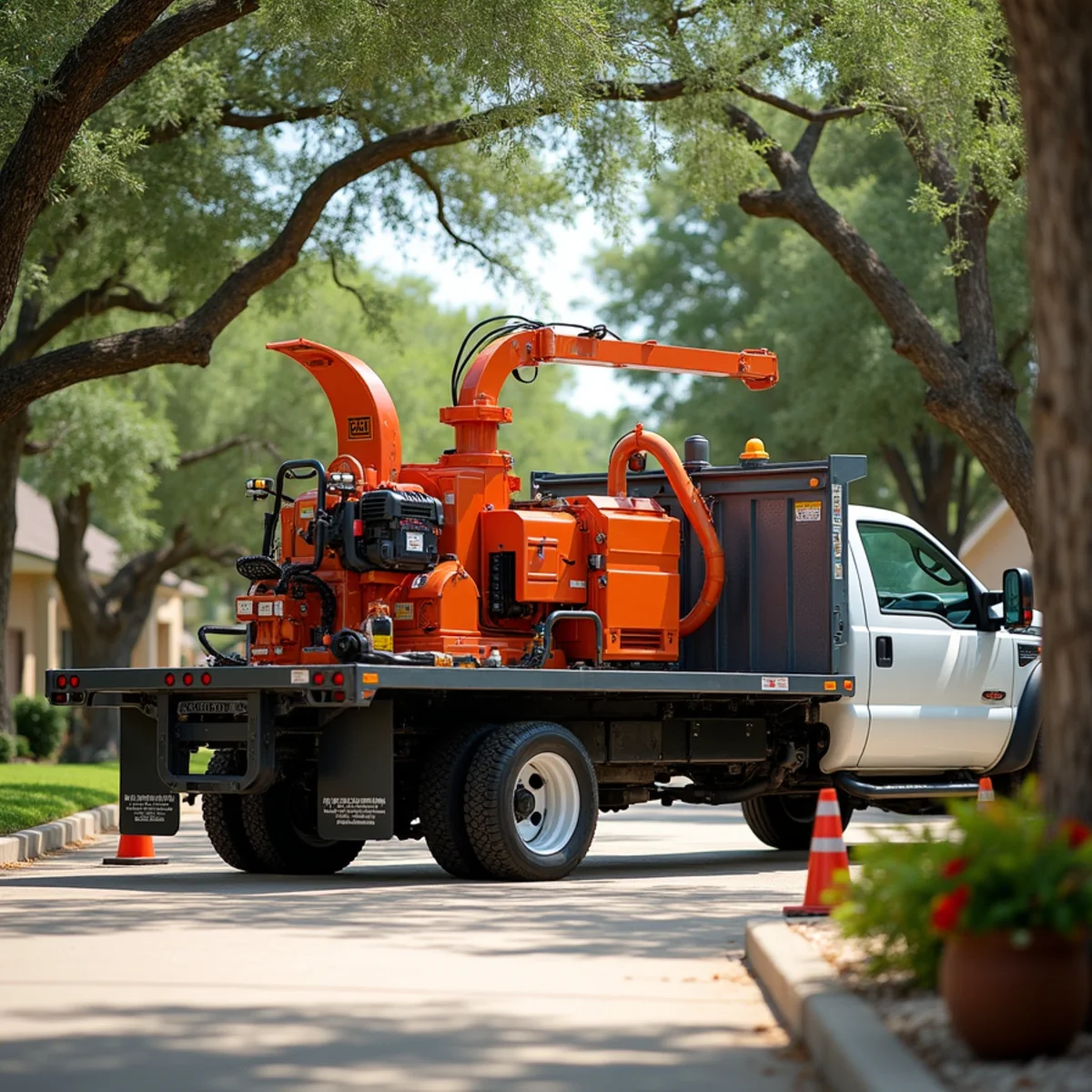Heavy duty chipper and crane equipment during Storm Damage Tree Cleanup