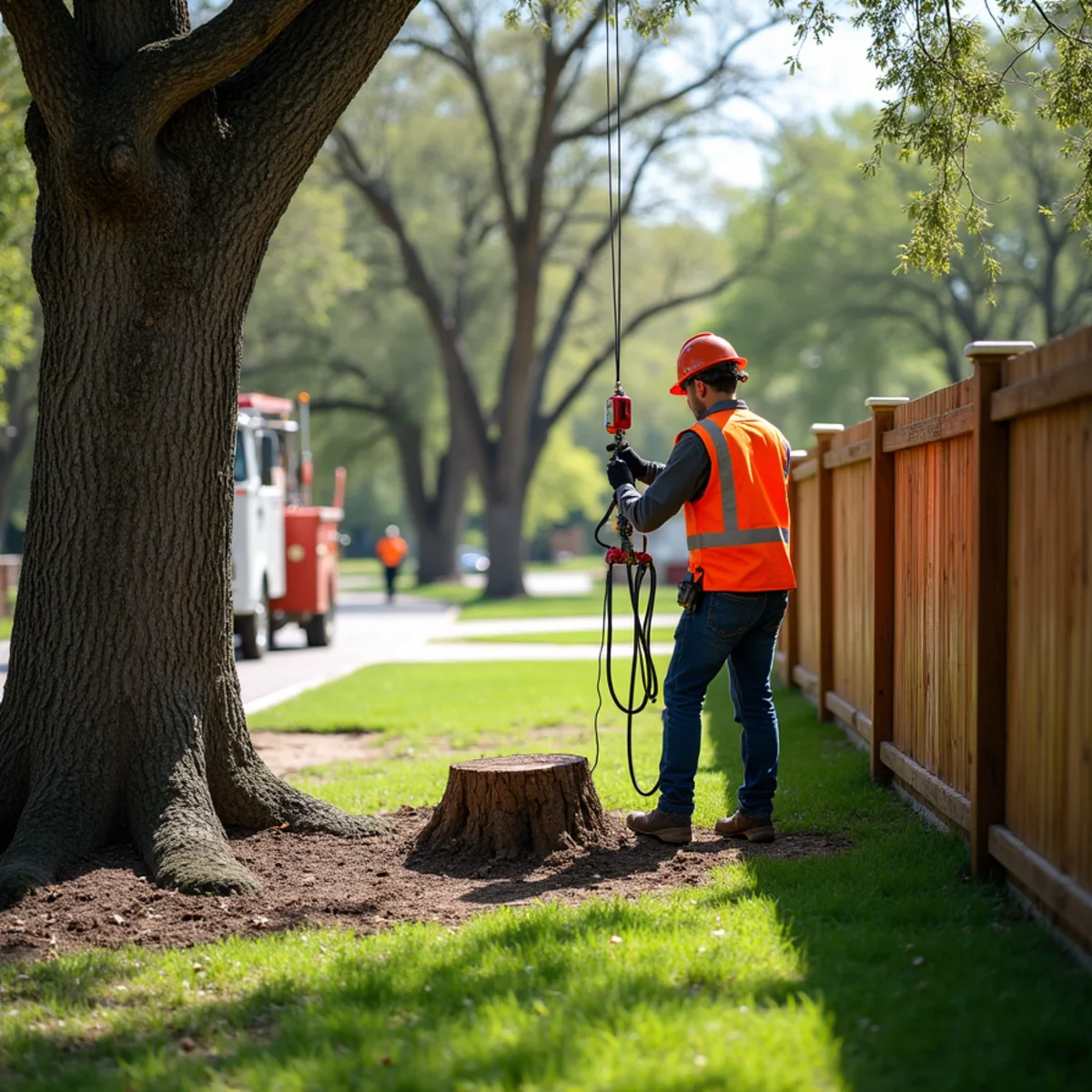 Specialized rope rigging and lowering system for Stump Grinding & Removal