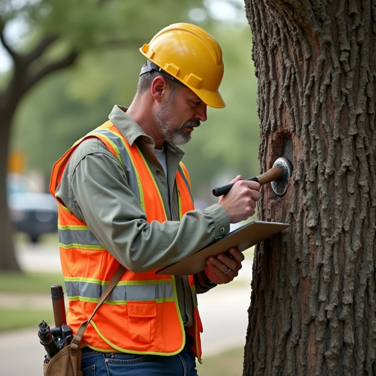 Certified arborist assessing tree health for Tree Cabling & Bracing in San Antonio