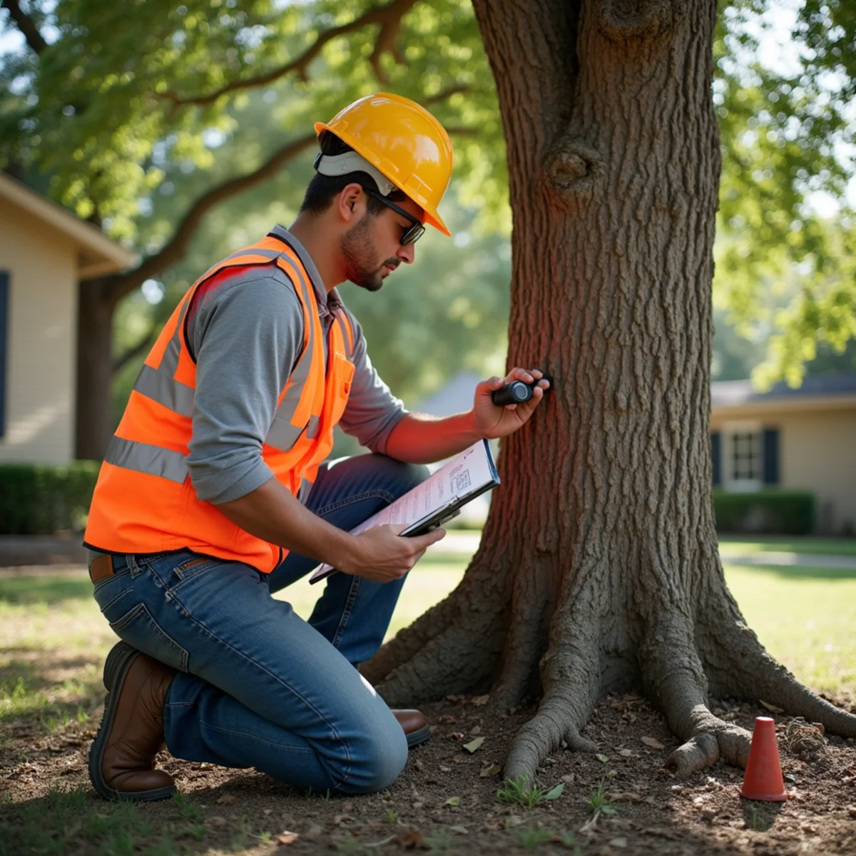 Certified arborist assessing tree health for Tree Removal in San Antonio
